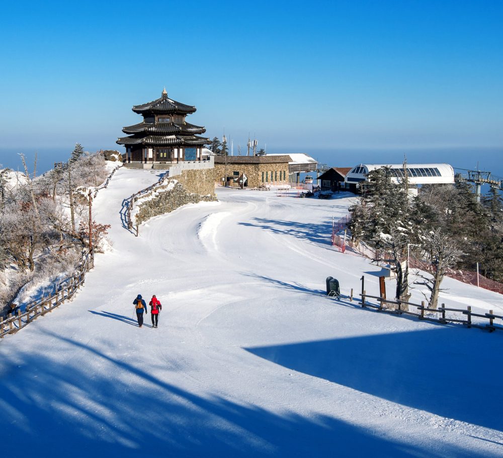 Backpacker on Deogyusan mountains in winter.